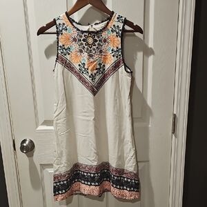 Embroidered Sleeveless Dress - Cream and Orange